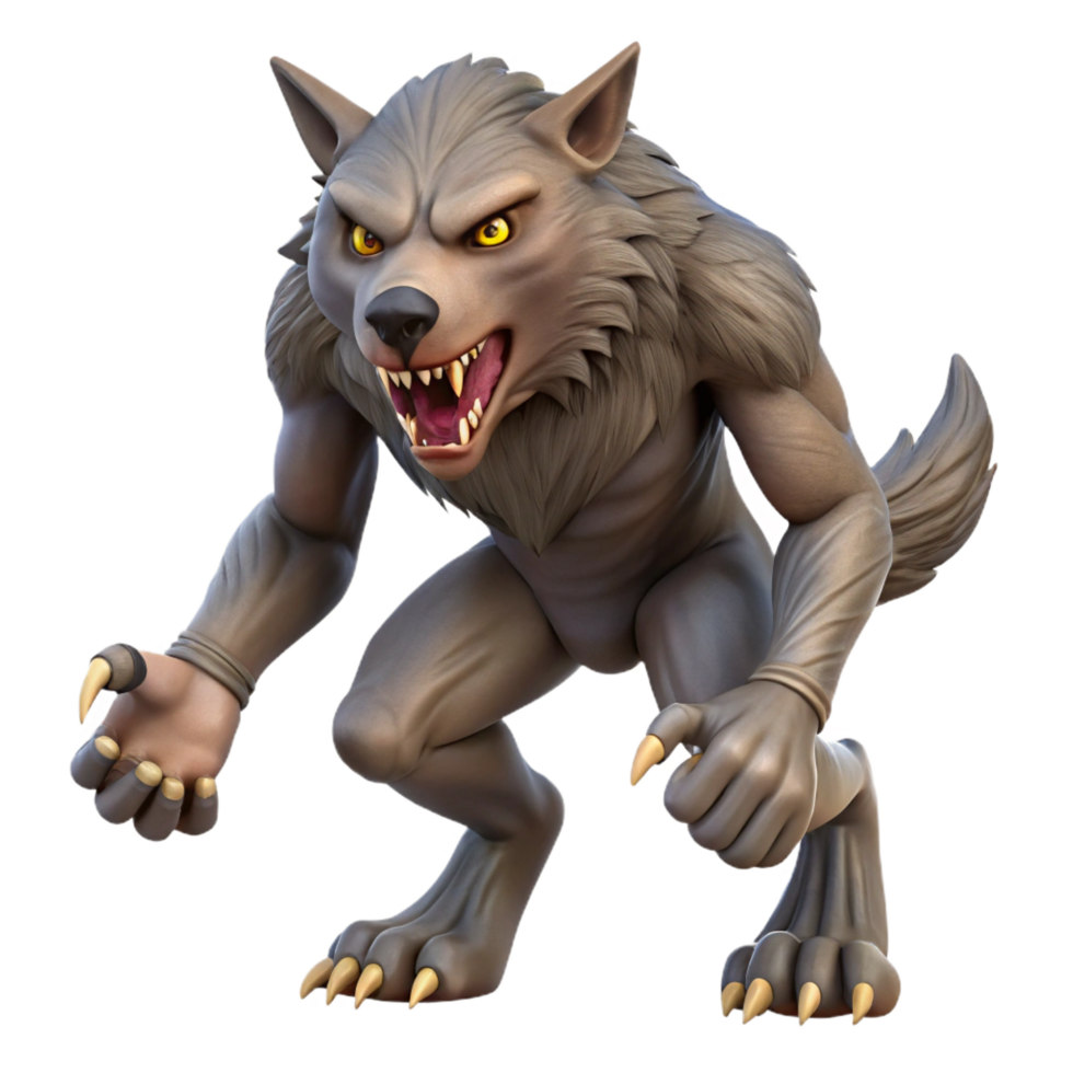 intense impressive A snarling werewolf, mid-transformation, fur and claws visible. NO BACKGROUND with Transparent Background. masterfully captured png