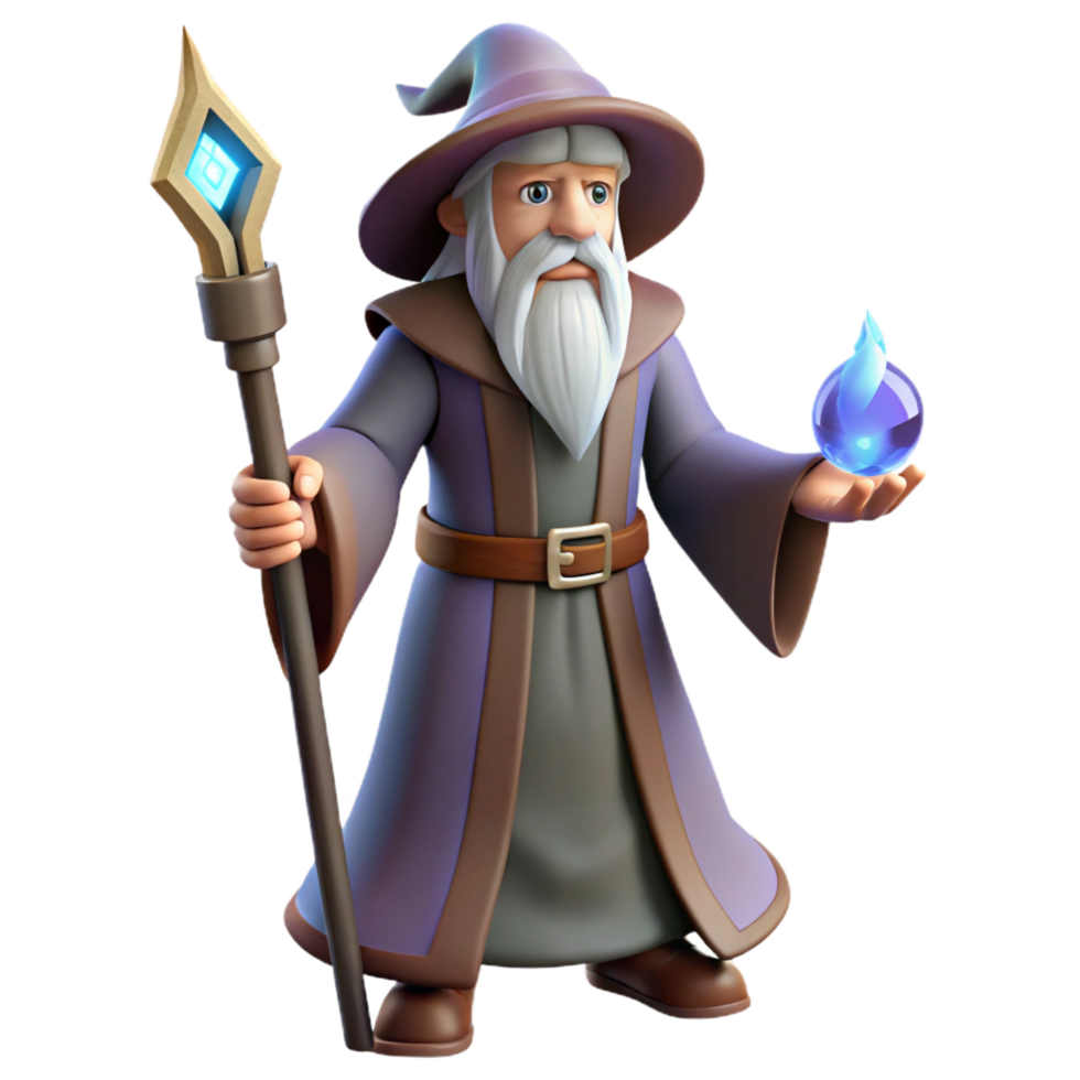 dreamy wonderful A wise old wizard, holding a staff adorned with a glowing crystal. NO BACKGROUND with Transparent Background. artisan png