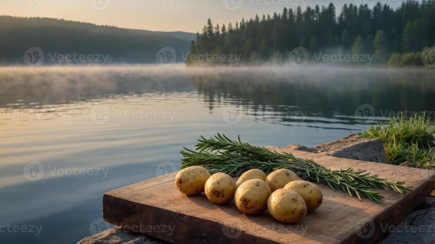 Potatoes and Rosemary on Wooden Board Overlooking Misty Lake Scene photo