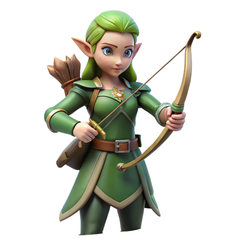 magnificent distinctive A beautiful elf, holding a bow and arrow, ready to fire. NO BACKGROUND with Transparent Background. png