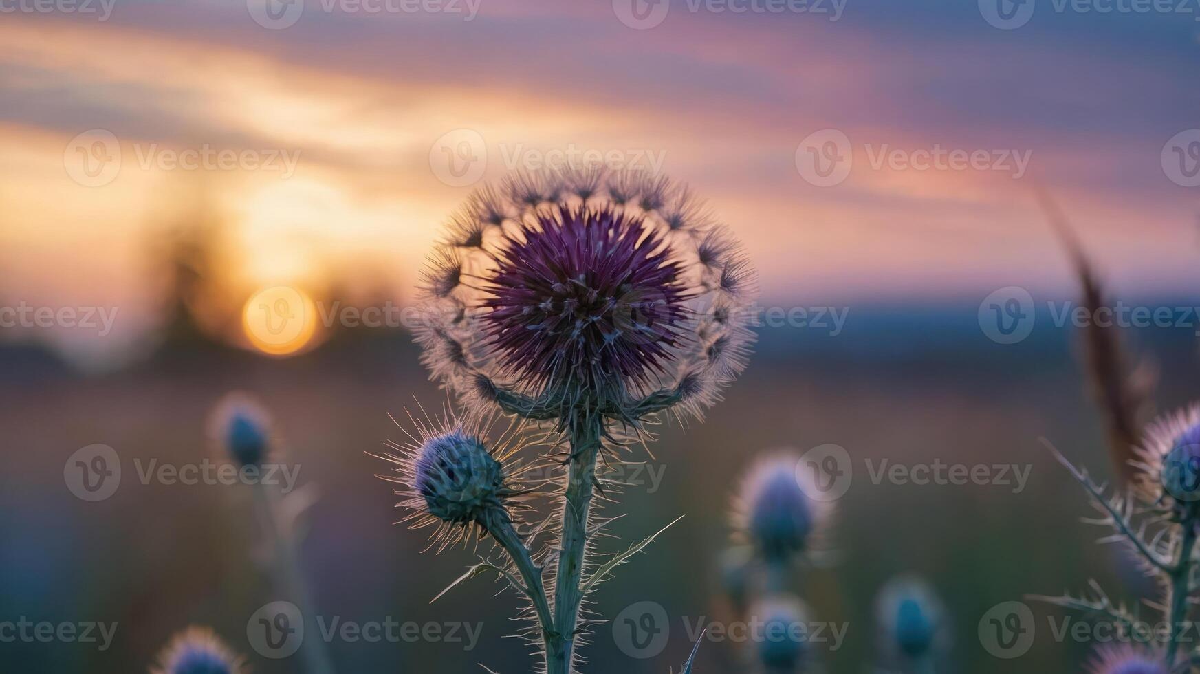 Thistle Flower with Purple Bloom at Dusk in Golden Light photo
