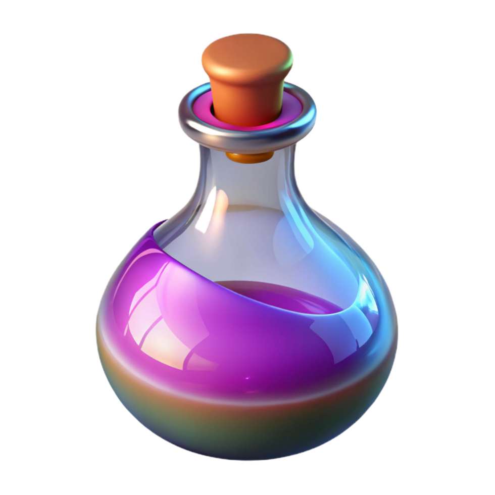 tranquil sumptuous A single, glistening potion bottle, filled with a swirling, colorful liquid. NO BACKGROUND with Transparent Background. sharp png