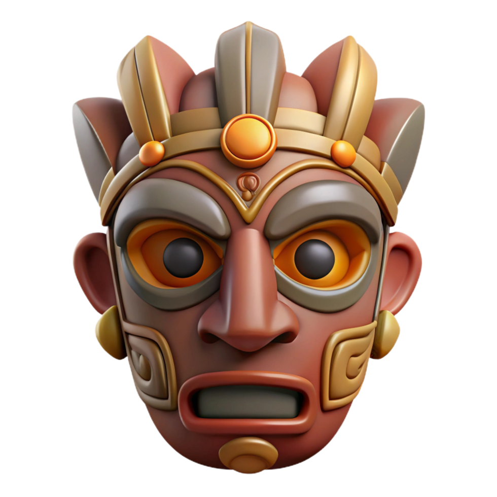 pristine playful tropical A stylized tribal mask, with intricate carvings. NO BACKGROUND with Transparent Background. top-tier png