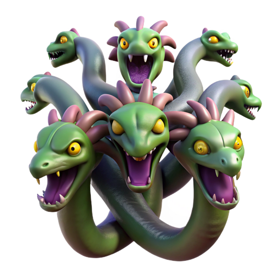 breathtaking peaceful gothic A realistic rendering of a hydra, multiple heads visible. NO BACKGROUND with Transparent Background. premium png