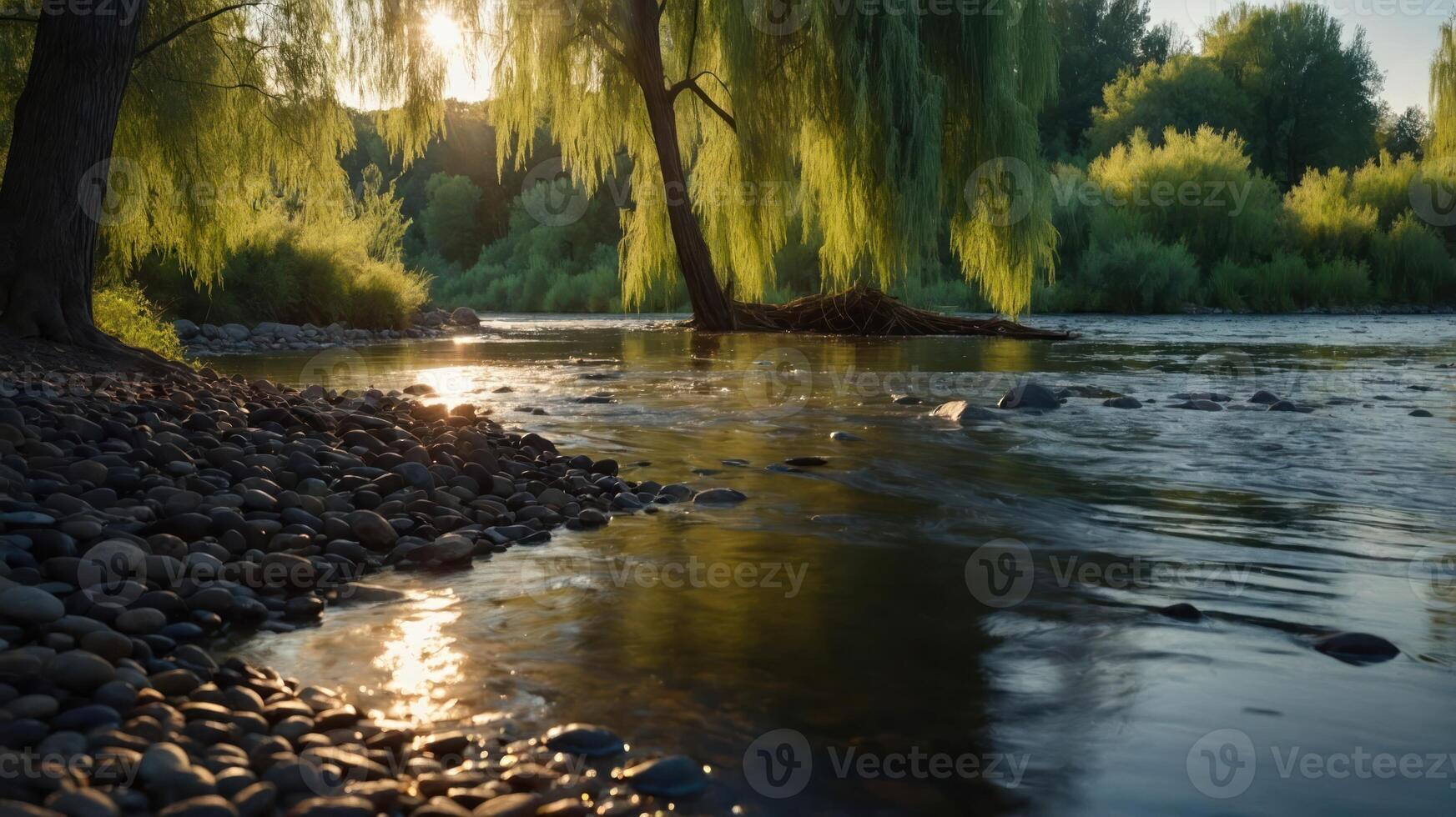River Flowing Through Forest with Sun Shining Through Tree Canopy photo