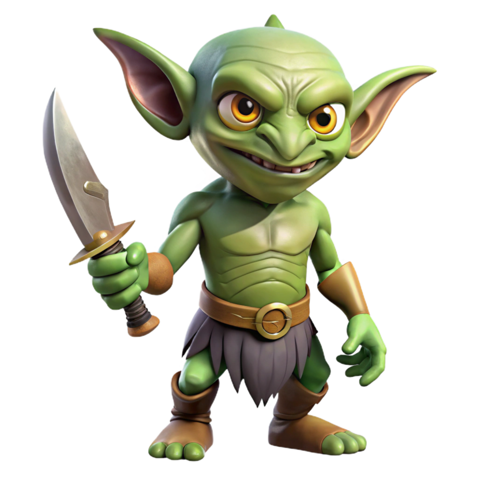 mesmerizing mid-century A detailed, realistic rendering of a goblin, holding a dagger. NO BACKGROUND with Transparent Background. elite png