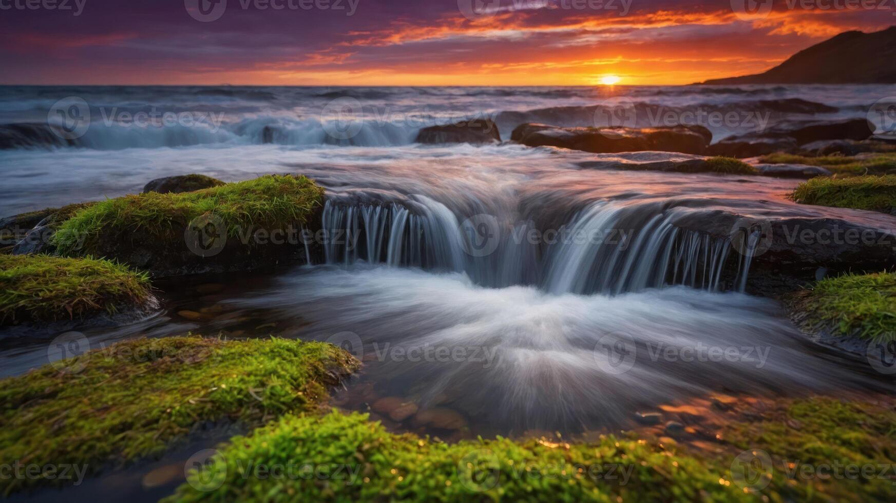 Waterfall Flowing Into Sea During Sunset with Green Mossy Rocks photo