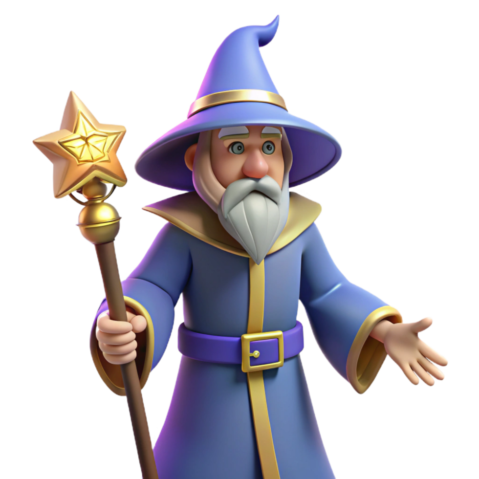 passionate serene A powerful wizard holding a magical staff, NO BACKGROUND with Transparent Background. studio quality png