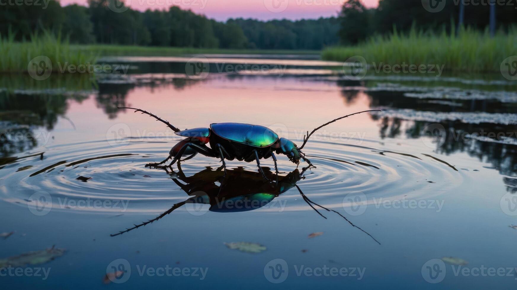 Iridescent Beetle Drinking on Calm Water Surface Creating Ripples photo