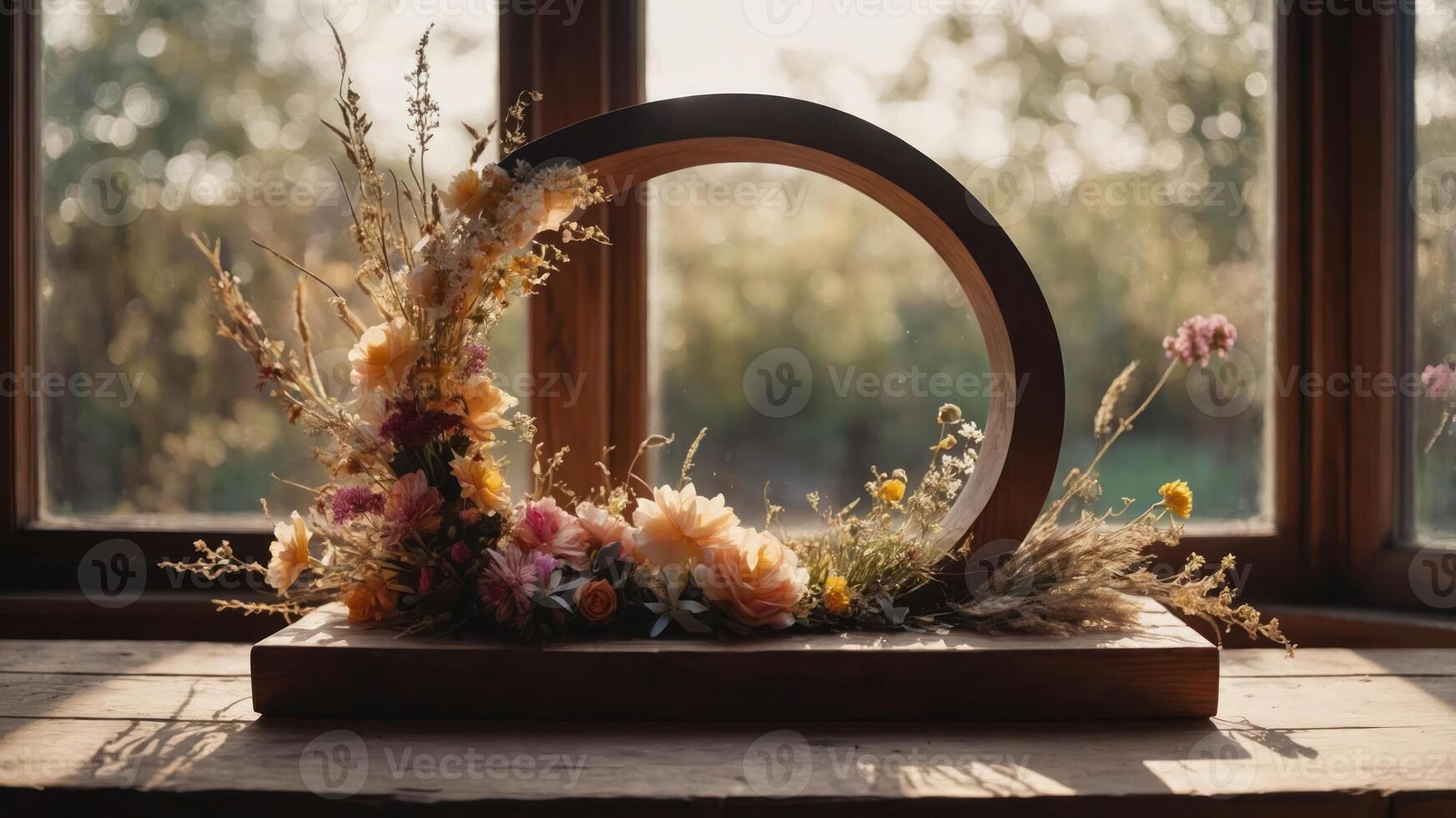 Floral Arrangement with Wooden Circle on Window Sill in Sunlight photo