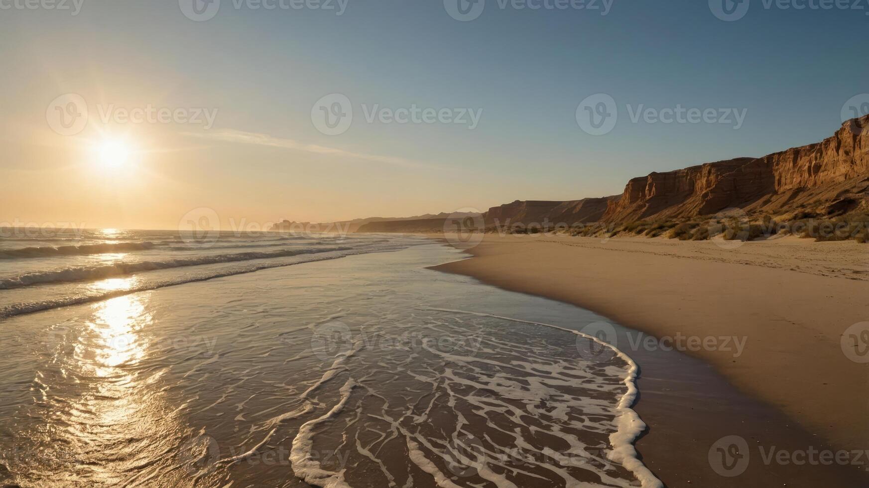 Sandy Beach at Sunset with Gentle Waves and Coastal Cliffs View photo
