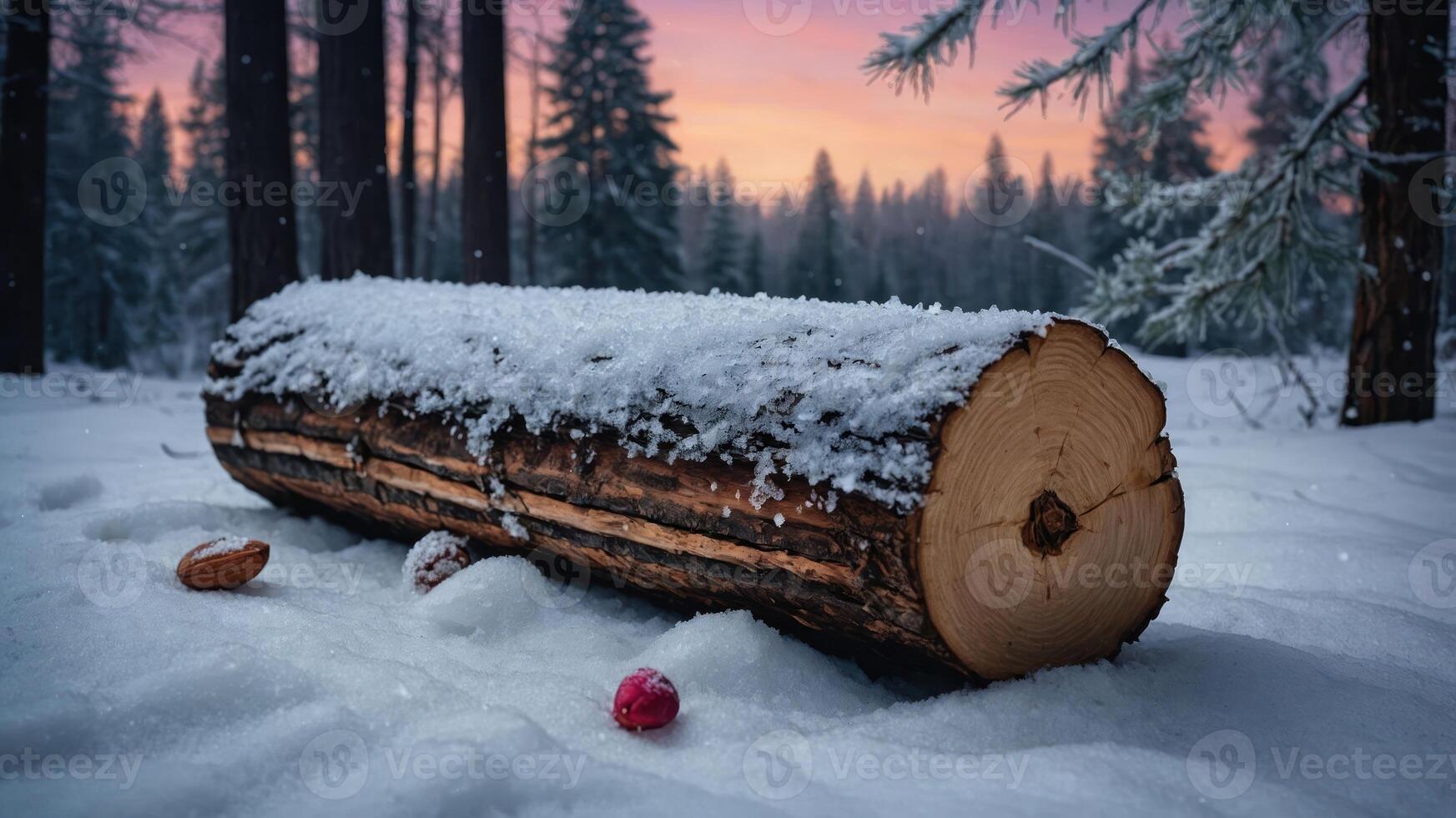 Snow Covered Log in Winter Forest at Sunset with Scattered Nuts photo