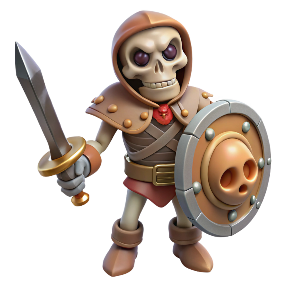 mesmerizing bold art deco A menacing skeleton warrior with a sword and shield, NO BACKGROUND with Transparent Background. 8K png