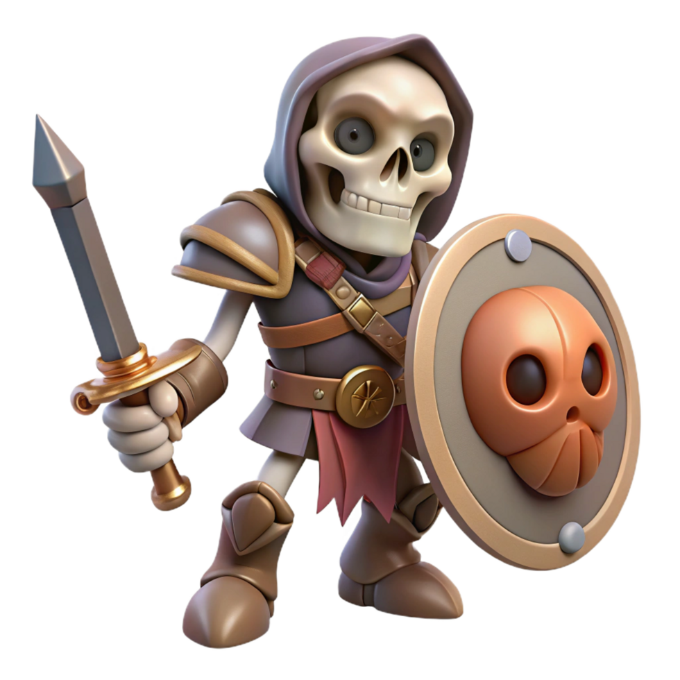 wonderful surreal A menacing skeleton warrior with a sword and shield, NO BACKGROUND with Transparent Background. studio quality png