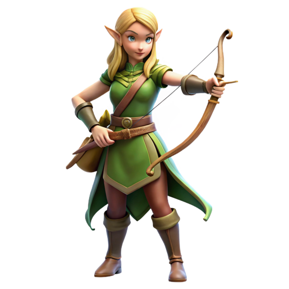 tranquil beautiful A beautiful elf archer with a bow and arrow, NO BACKGROUND with Transparent Background. 4K png