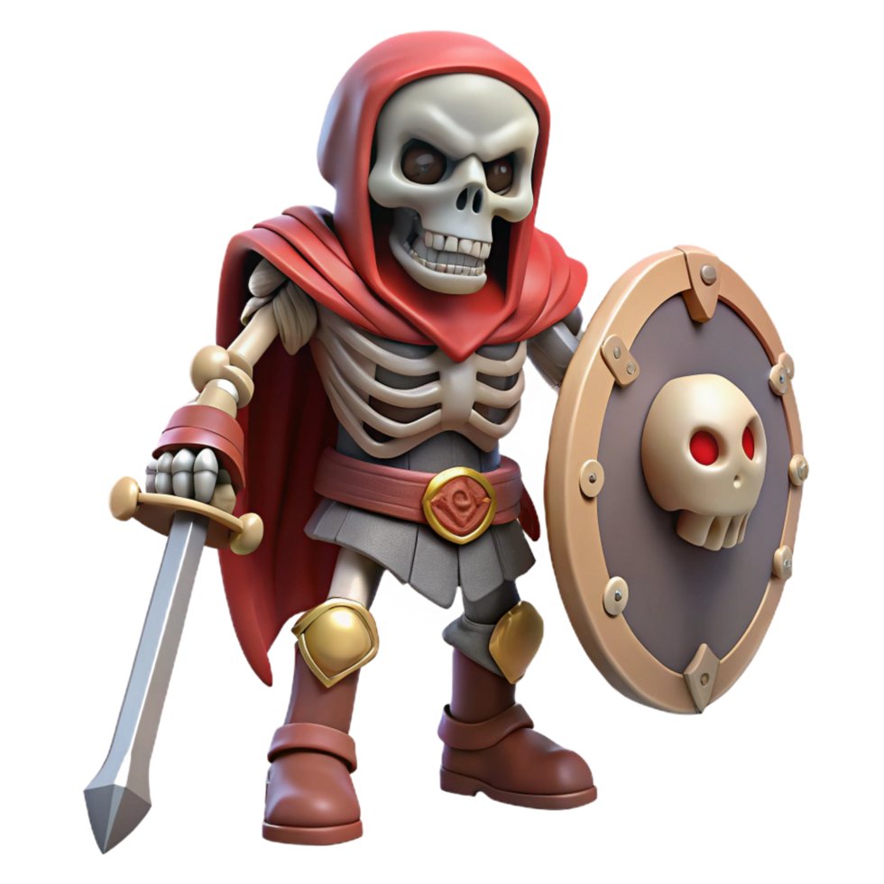serene distinctive A menacing skeleton warrior with a sword and shield, NO BACKGROUND with Transparent Background. png