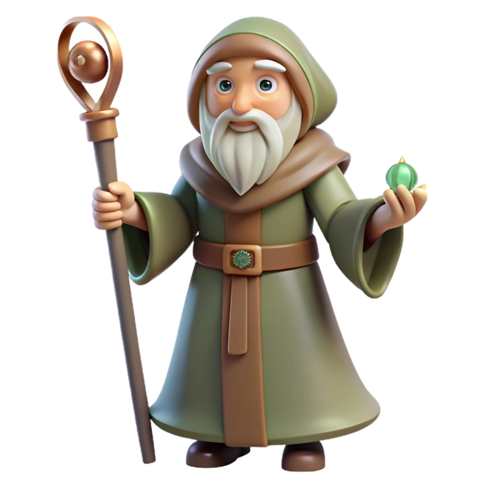 playful pristine A wise old druid holding a staff, NO BACKGROUND with Transparent Background. museum quality png