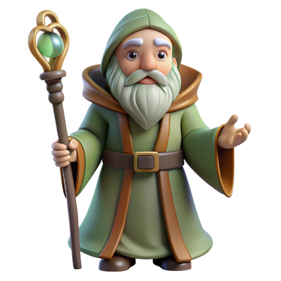 peaceful striking A wise old druid holding a staff, NO BACKGROUND with Transparent Background. perfect clarity png