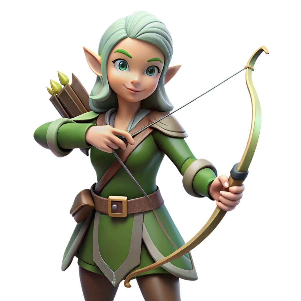 passionate dramatic A beautiful elf archer with a bow and arrow, NO BACKGROUND with Transparent Background. professional png