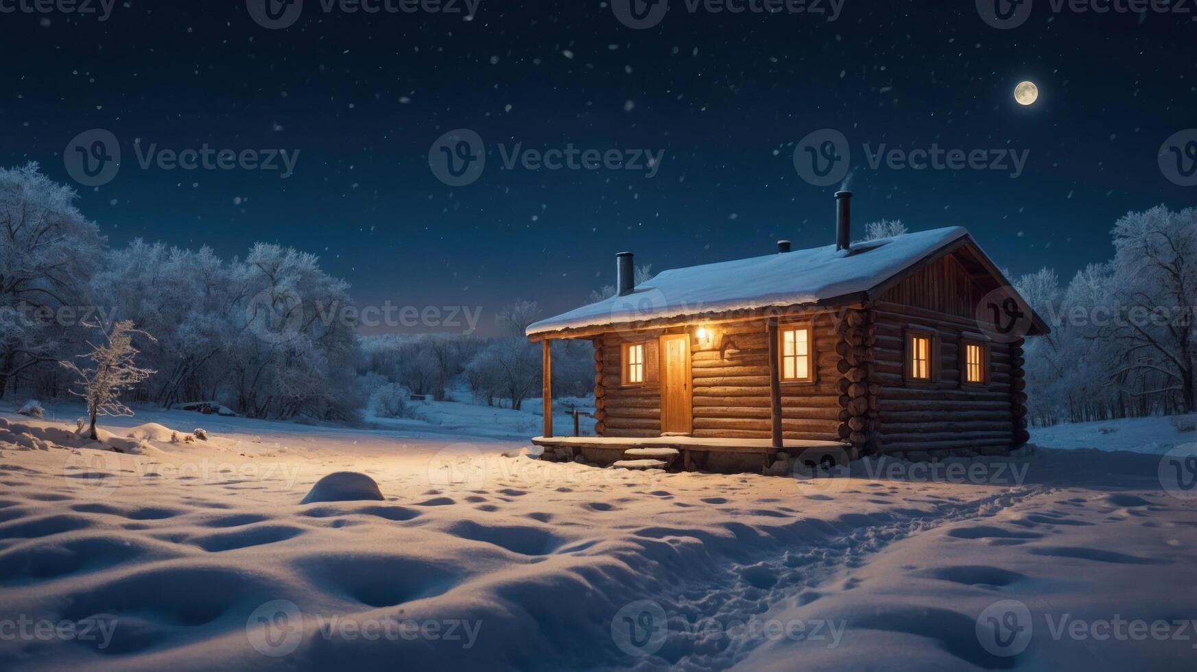 Log Cabin in Snowy Field at Night with Moonlit Sky photo