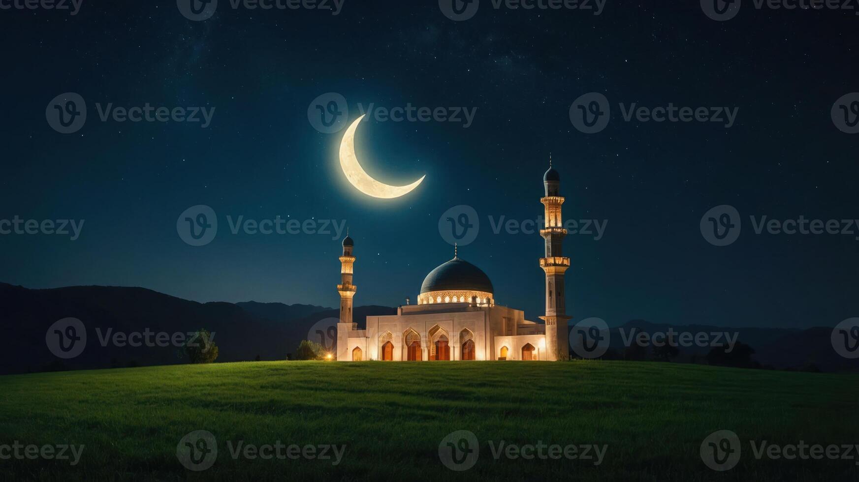 Mosque Under Crescent Moon at Night with Glowing Illumination photo