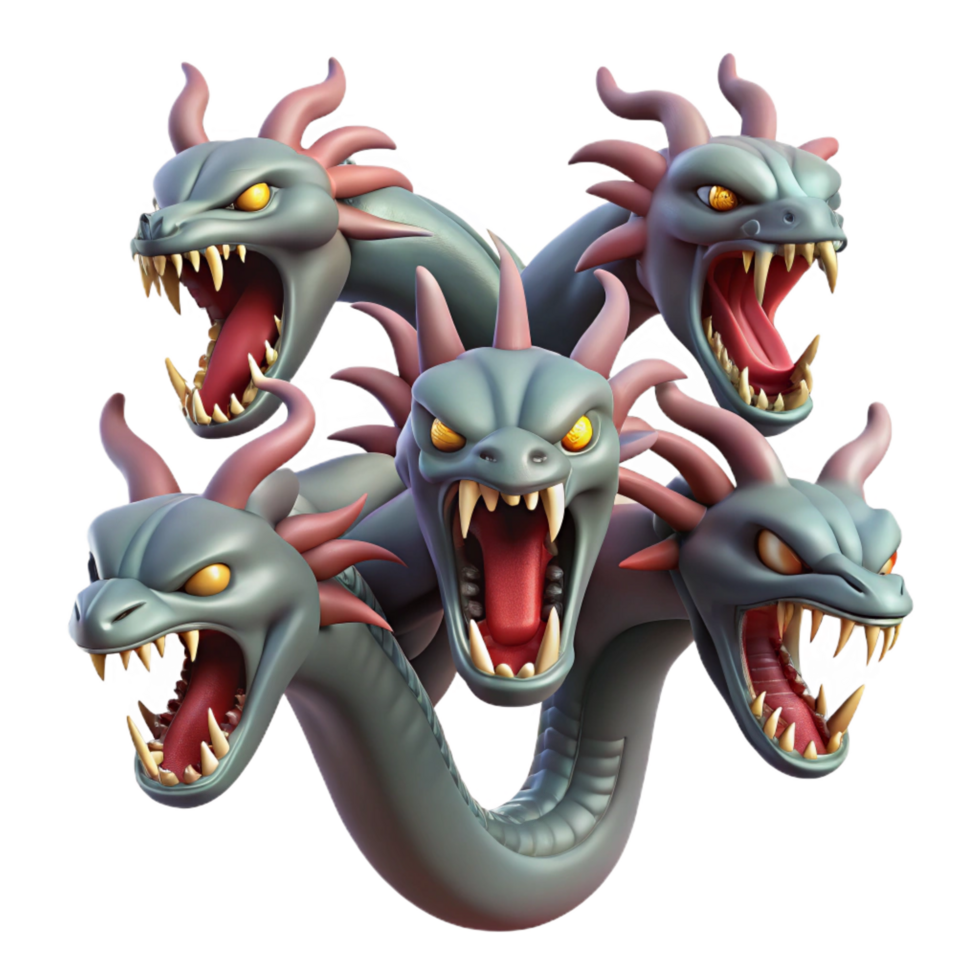 ethereal mesmerizing A fierce hydra with multiple heads, NO BACKGROUND with Transparent Background. genuine png