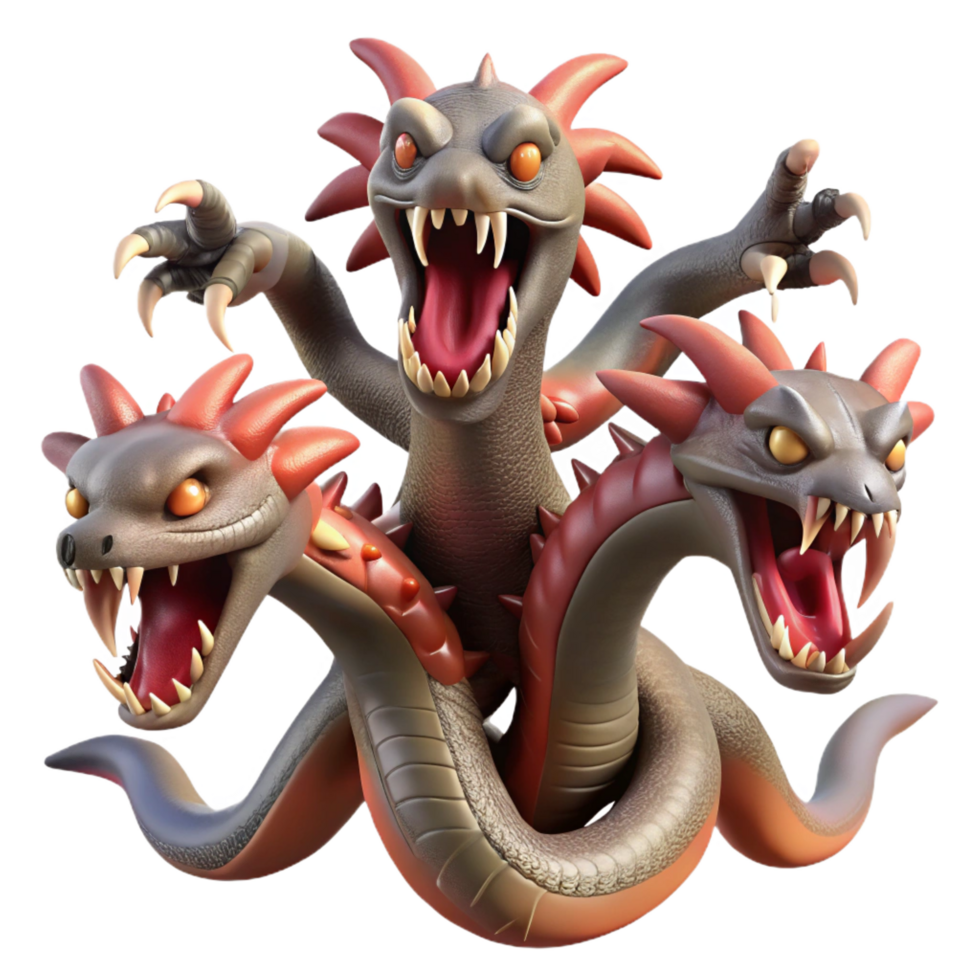 quintessential elegant A fierce hydra with multiple heads, NO BACKGROUND with Transparent Background. fine detail png