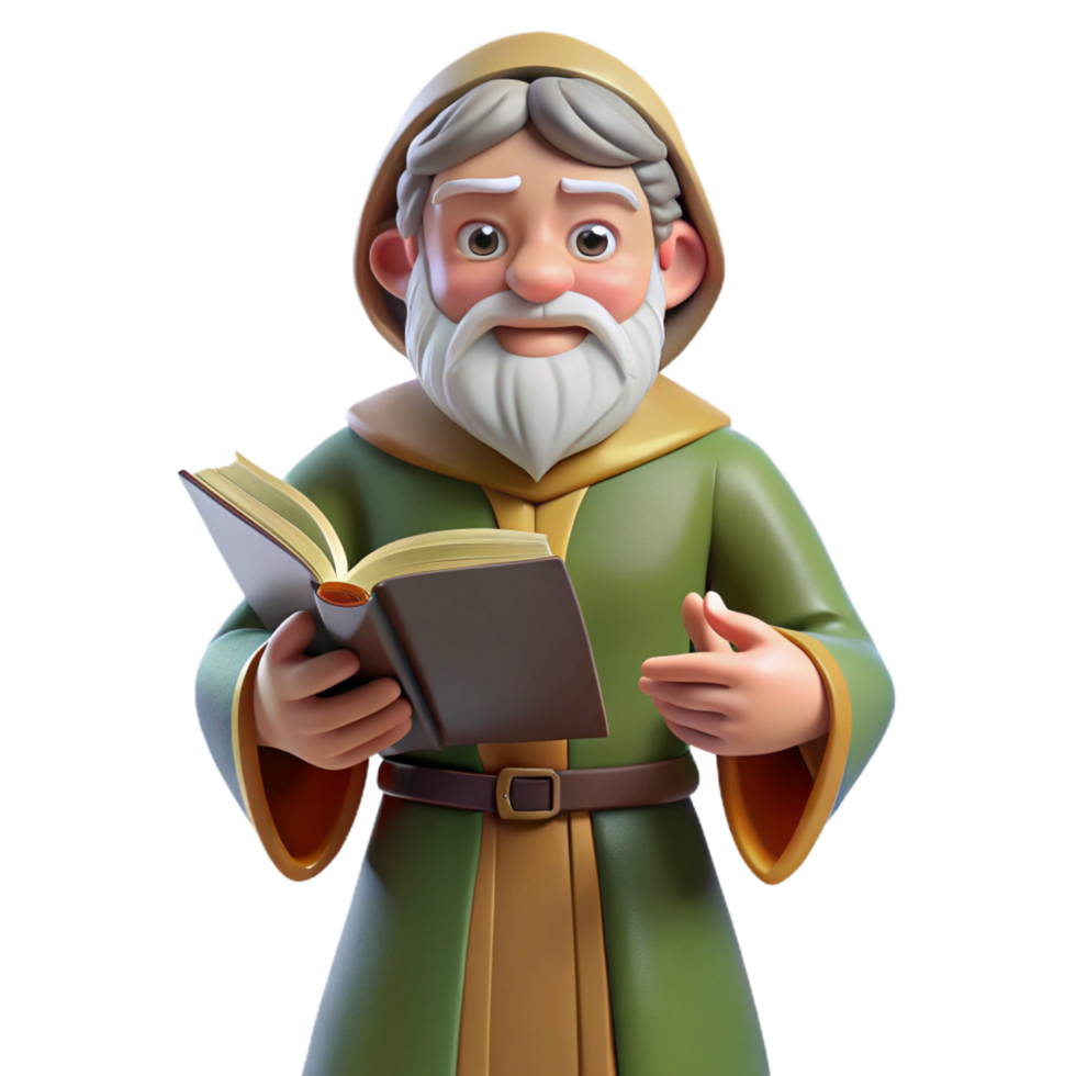 whimsical mesmerizing A wise old sage with a book, NO BACKGROUND with Transparent Background. premium png