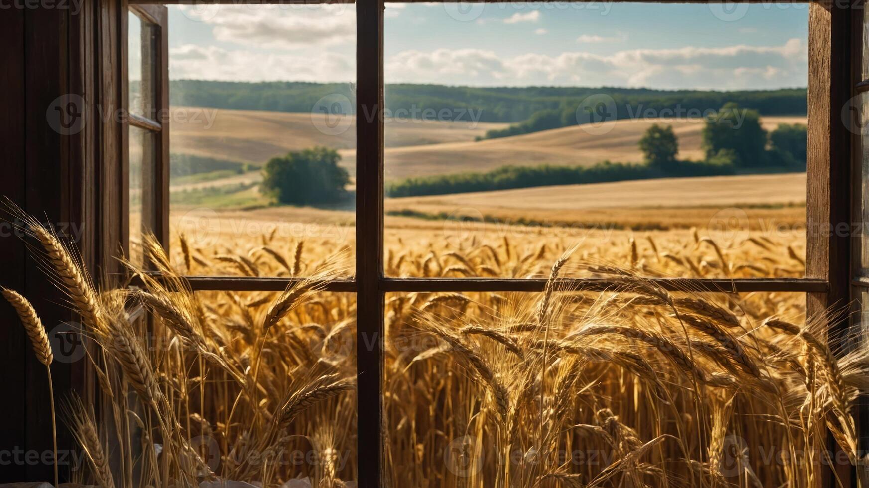 Wheat Field View Through Window Frame on Sunny Summer Day photo