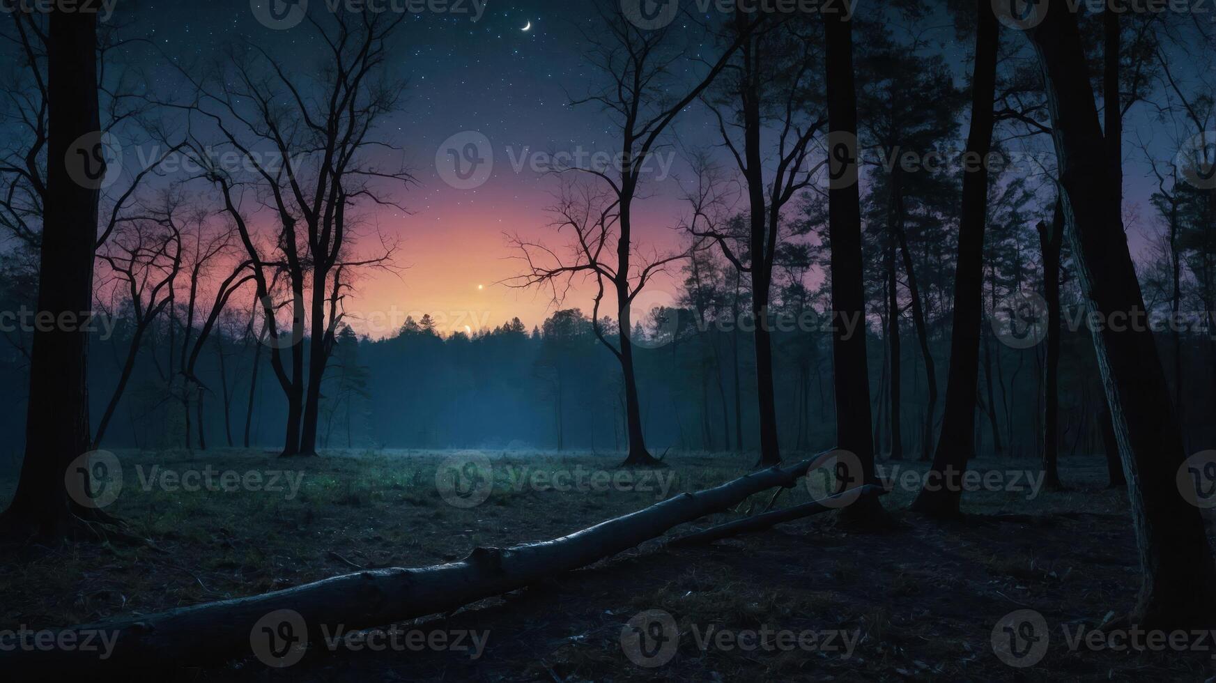 Walking Through Dark Forest at Night with Moon and Starry Sky photo