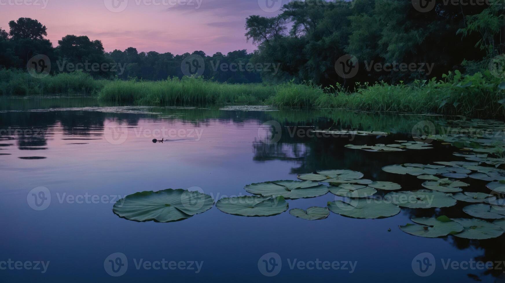 Quiet Lake Scene with Lily Pads at Dusk Reflecting Soft Sky photo