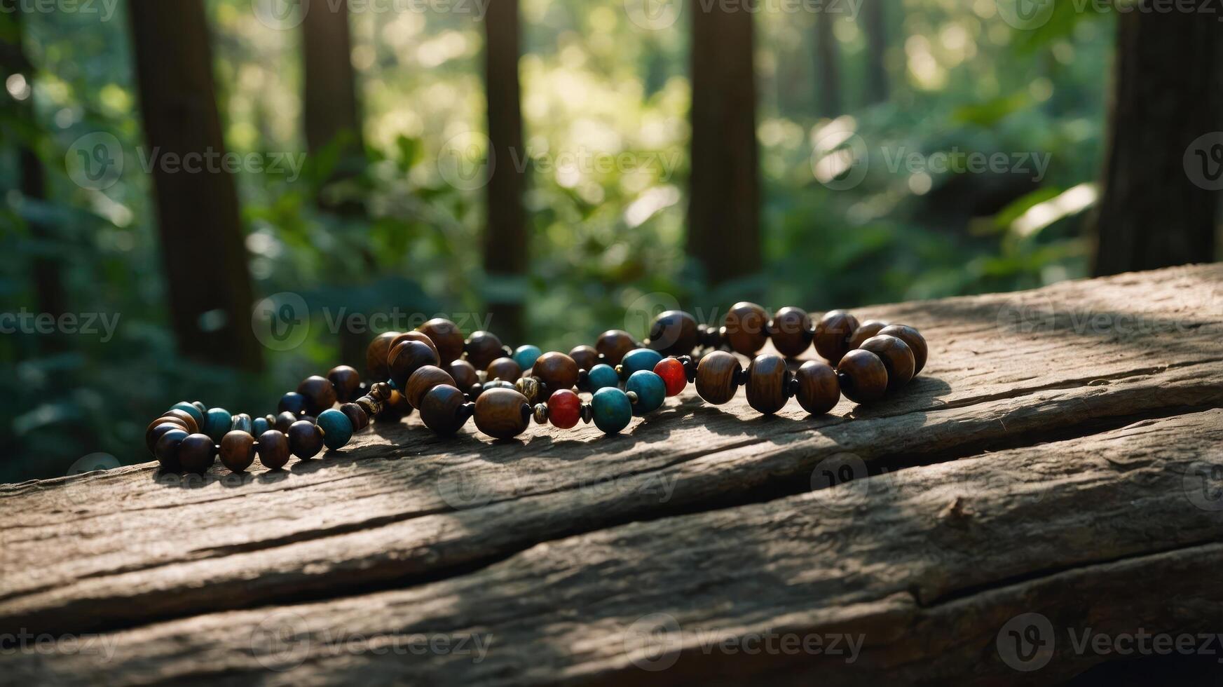 Wooden Beads Bracelet on a Log in a Forest Setting photo