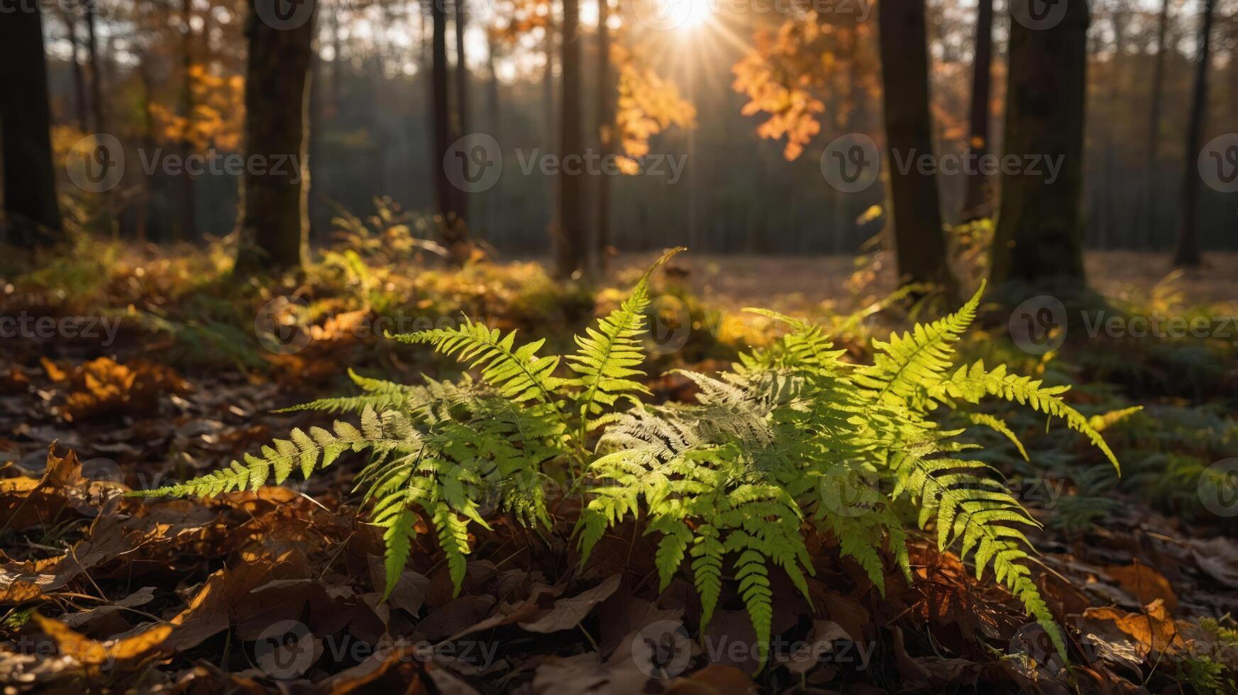 Fern Growing in Autumn Forest with Sunlight Streaming Through Trees photo