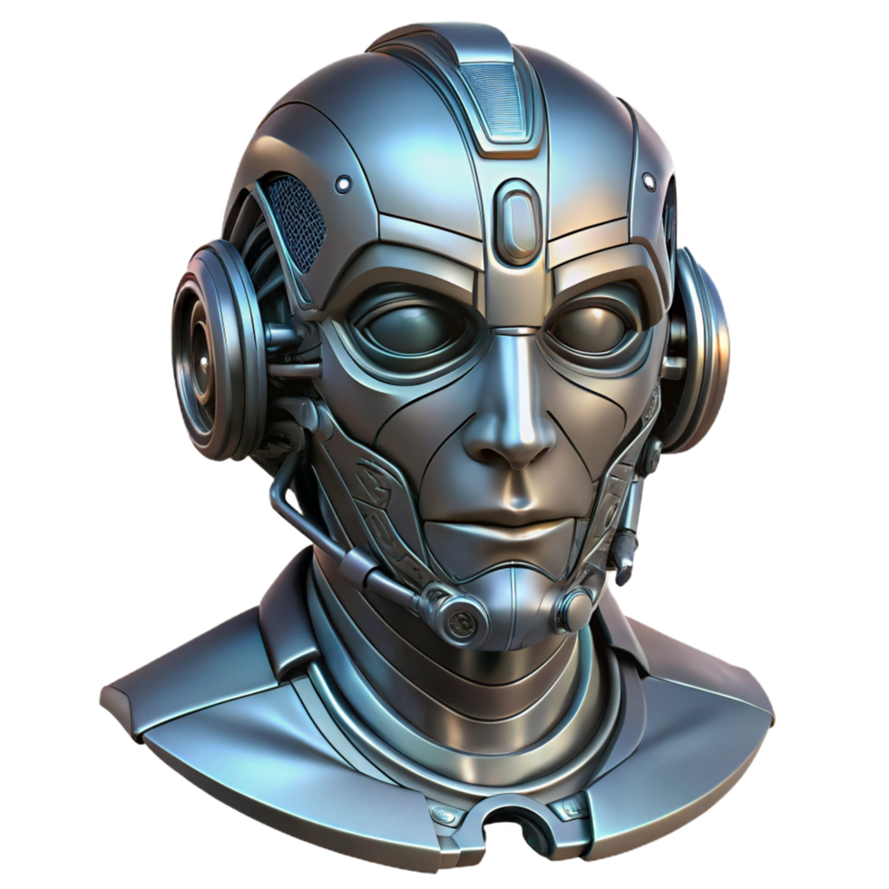 stunning industrial Cyberpunk robot head, intricate details, metallic finish. NO BACKGROUND with Transparent Background. premium png