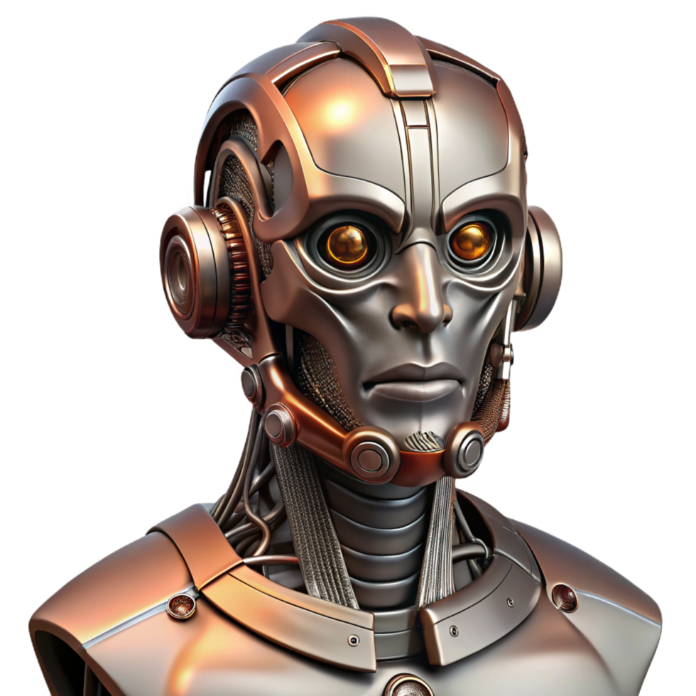 majestic memorable Cyberpunk robot head, intricate details, metallic finish. NO BACKGROUND with Transparent Background. png