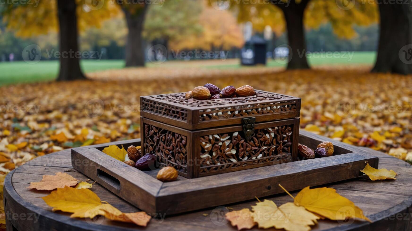 Ornate Wood Box with Dates on Tray in Autumn Park Setting photo