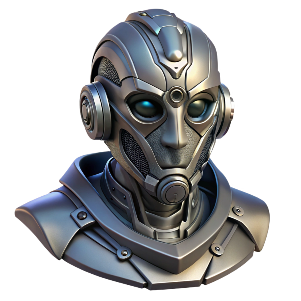 melancholic glorious Cyberpunk robot head, intricate details, metallic finish. NO BACKGROUND with Transparent Background. 4K png