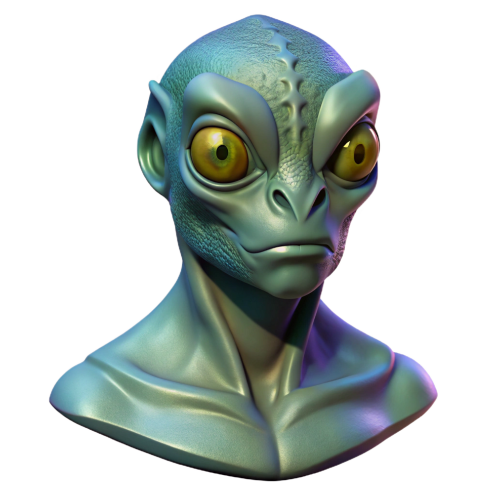 calm enchanting Alien creature bust, three eyes, reptilian scales. NO BACKGROUND with Transparent Background. museum quality png