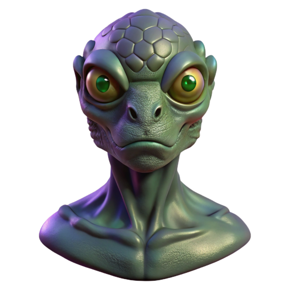 gorgeous coveted Alien creature bust, three eyes, reptilian scales. NO BACKGROUND with Transparent Background. png