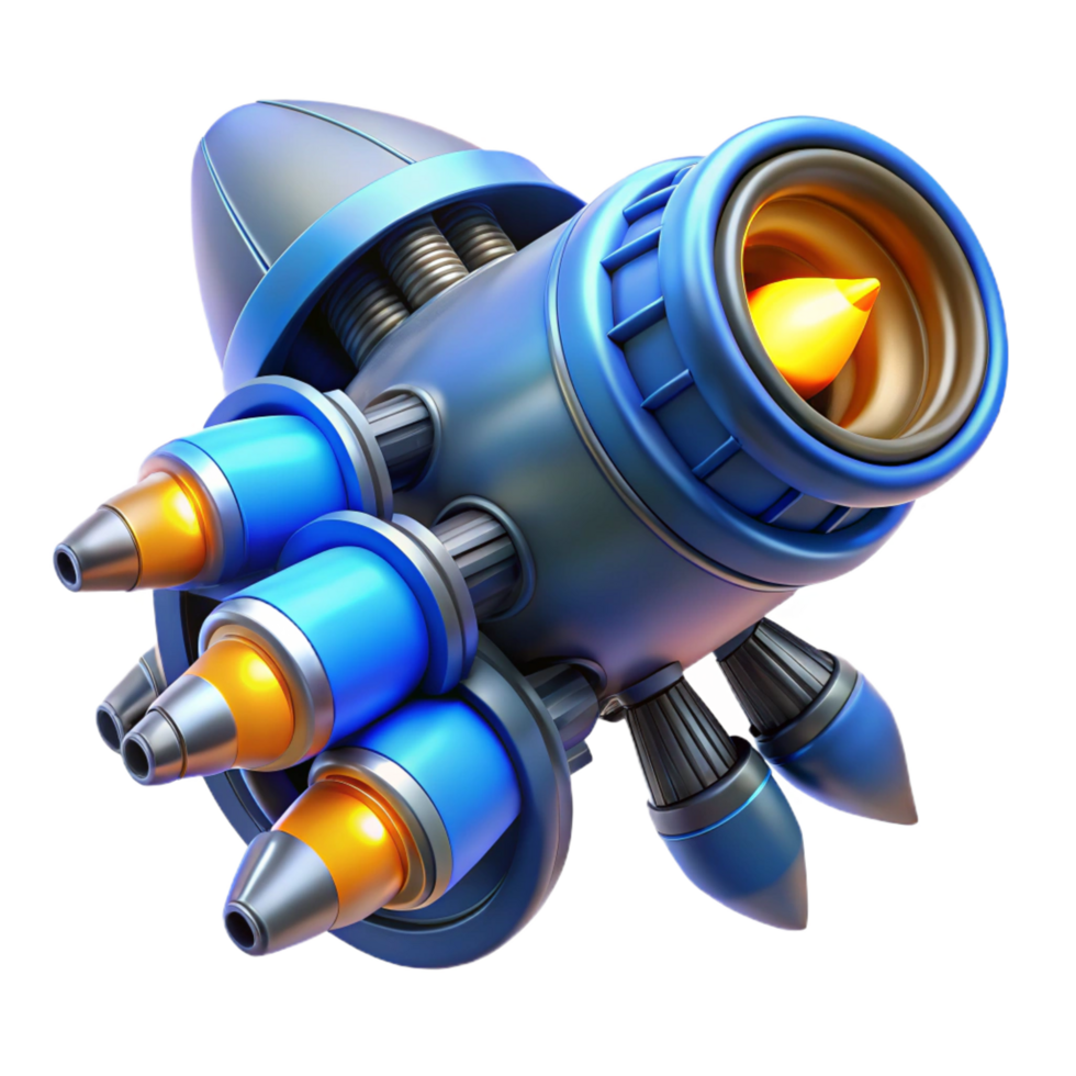 exceptional futuristic Spaceship engine, glowing blue, detailed thrusters. NO BACKGROUND with Transparent Background. precision png