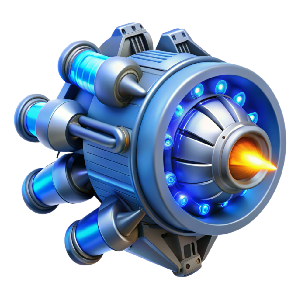 alluring unforgettable Spaceship engine, glowing blue, detailed thrusters. NO BACKGROUND with Transparent Background. png