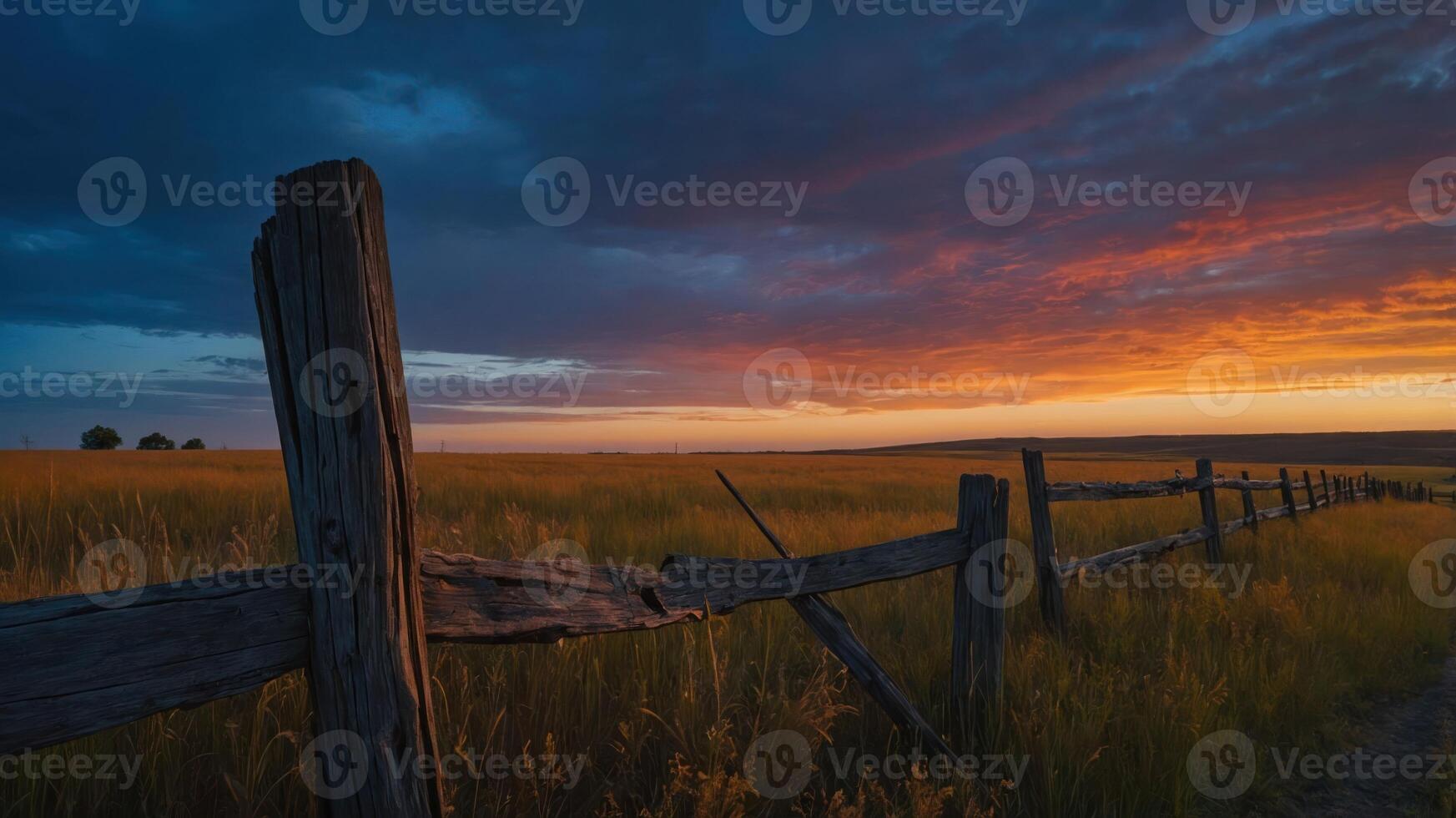 Wooden Fence in Golden Field Under Dramatic Sunset Sky Landscape photo