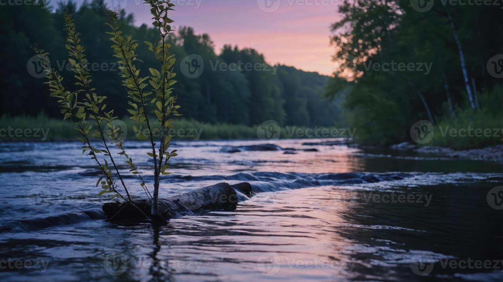 River Flowing Around Log with Sapling at Dusk Nature Scene photo