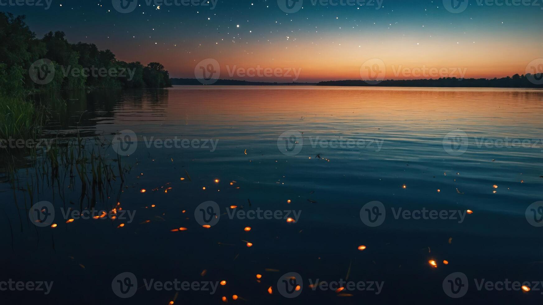 Calm Lake at Sunset with Stars and Reflections on Water photo