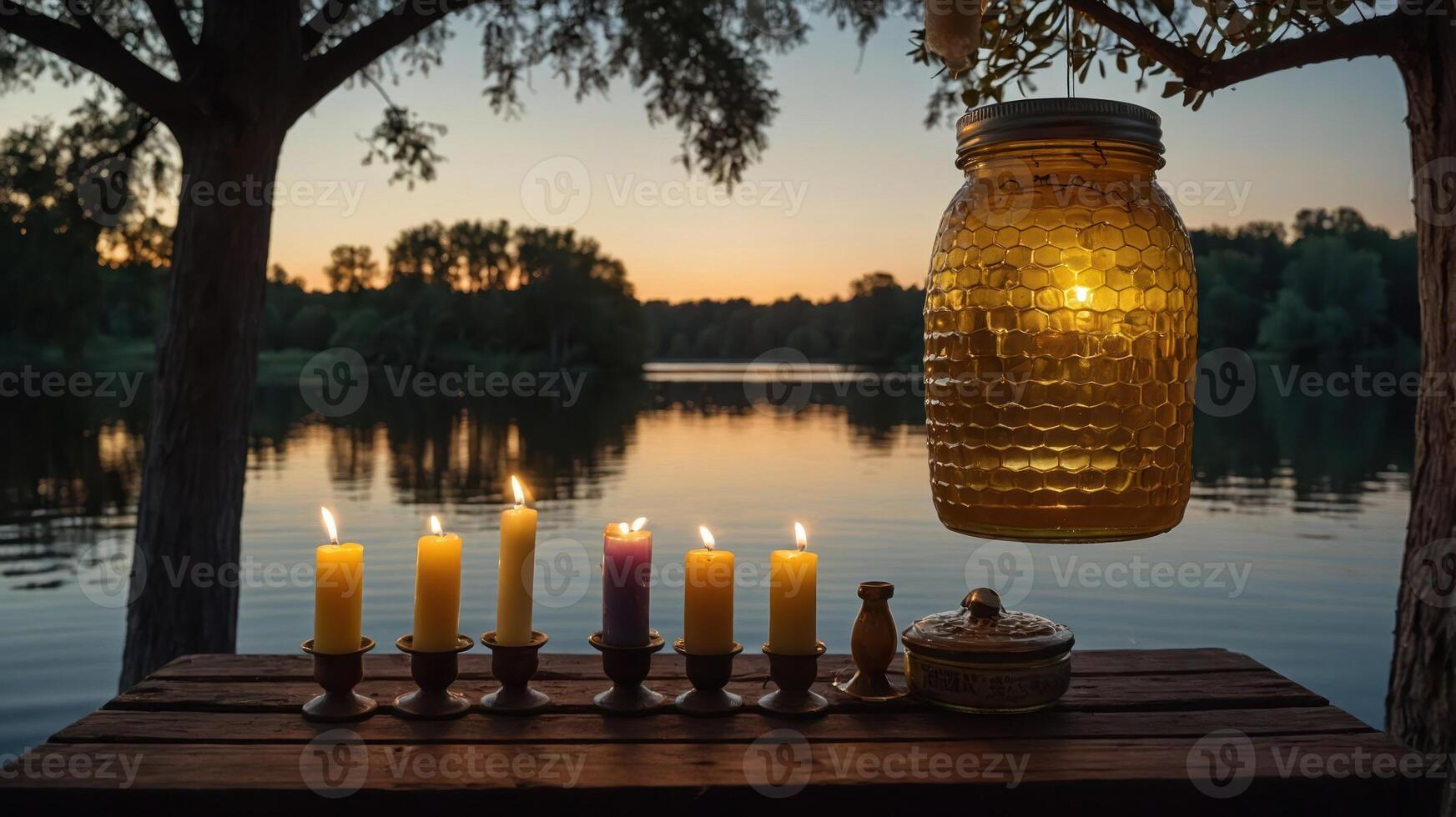 Candles Burning Brightly on Wooden Table by Calm Lake at Dusk photo