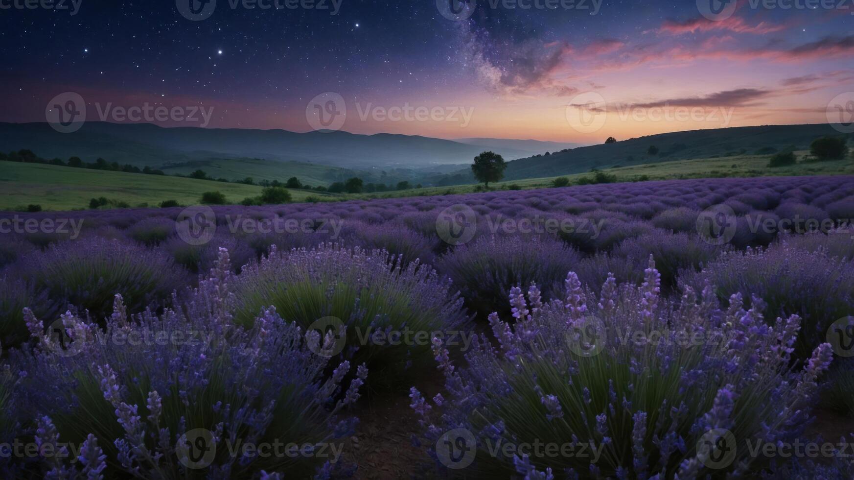 Lavender Field Blooming Under a Starry Sky at Twilight Serenity photo