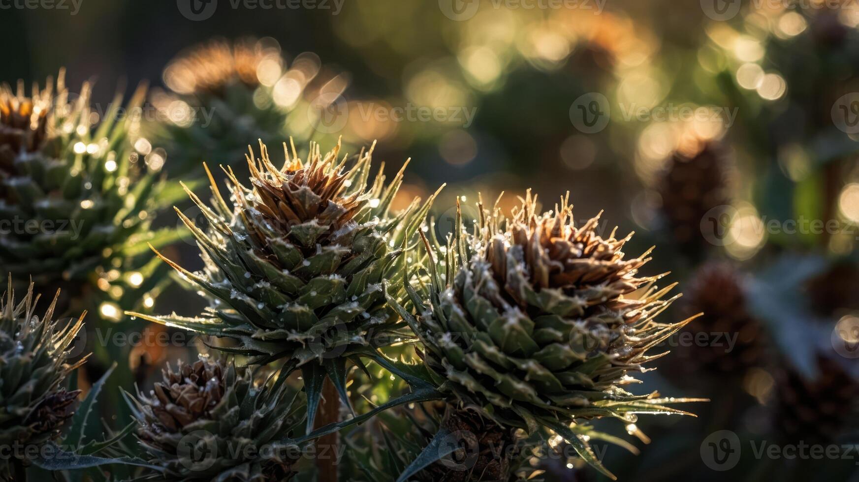 Thistle Heads Covered in Morning Dew Sparkling in Soft Light photo