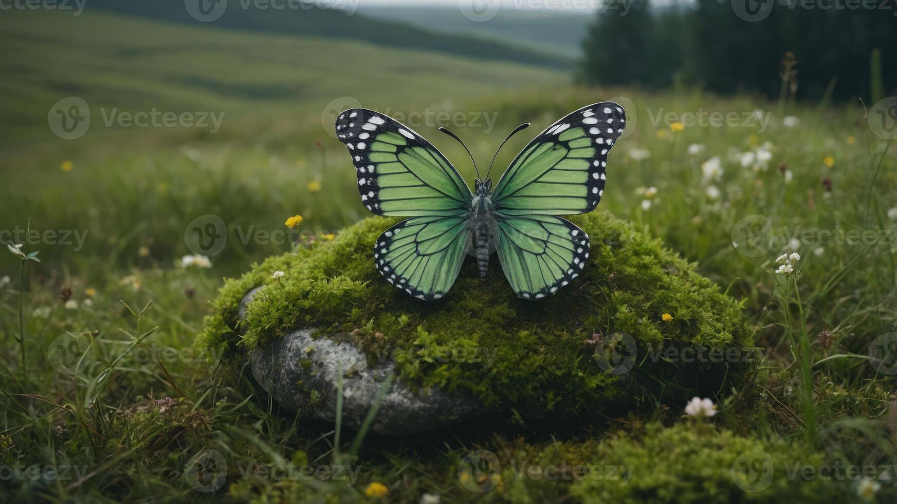 Green Butterfly Resting on Moss Covered Rock in Meadow photo
