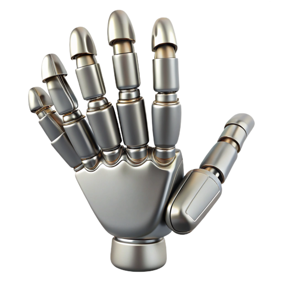 gorgeous distinctive Robot hand, metallic fingers, articulated joints. NO BACKGROUND with Transparent Background. png