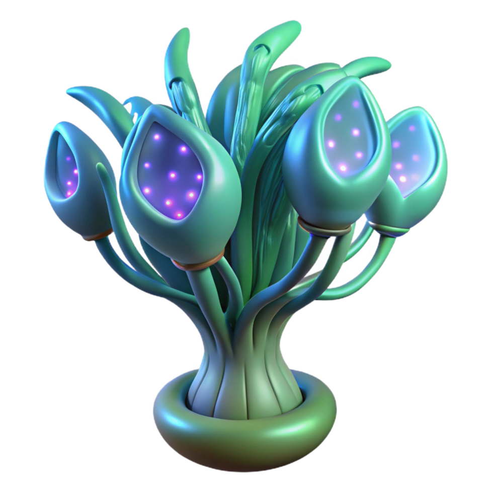 nostalgic picturesque Alien plant, bioluminescent, strange anatomy. NO BACKGROUND with Transparent Background. 4K png